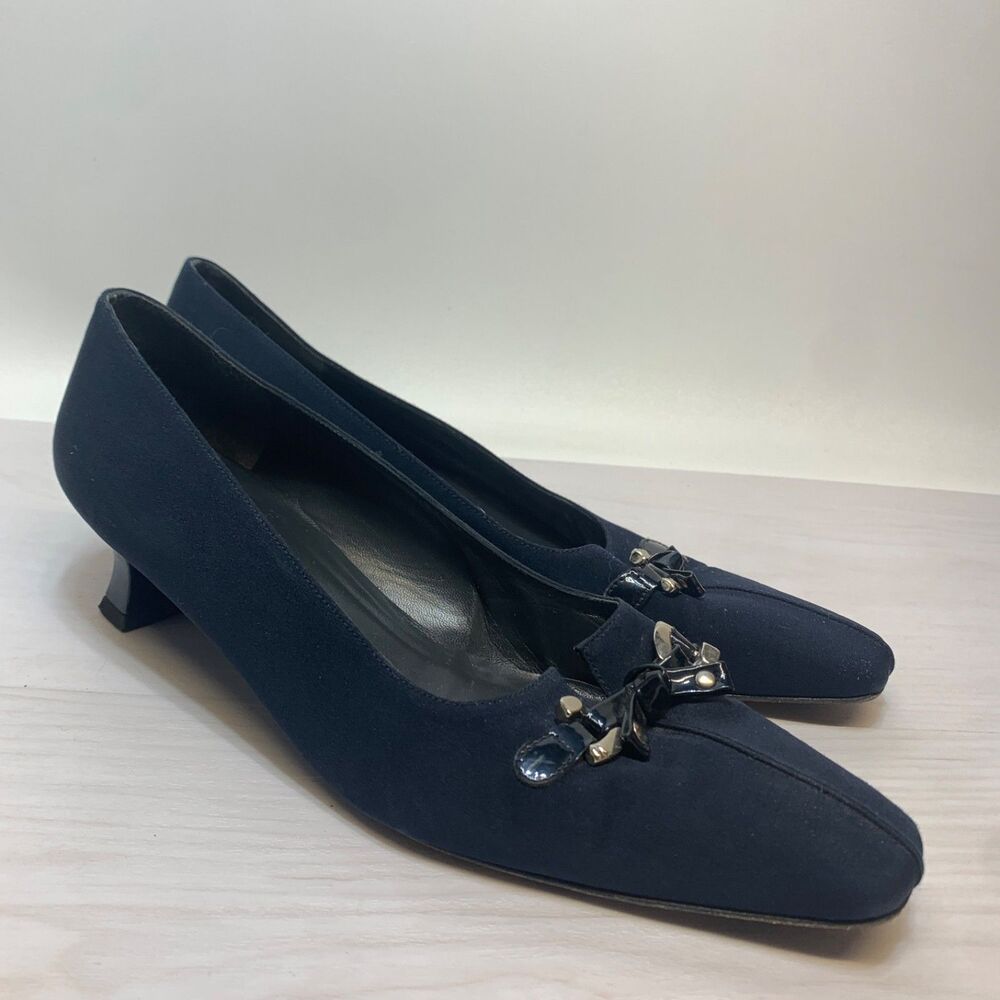 Stuart Weitzman Y2K Vintage Navy Blue Low-Heel Pumps with Bow, Size 10M